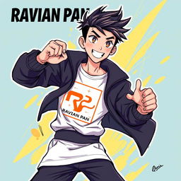 A dynamic and expressive illustration of a character named Ravian Pan, showcasing an eye-catching logo on their clothing