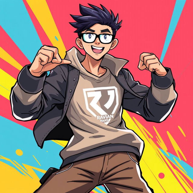 A dynamic and expressive illustration of a character named Ravian Pan, showcasing an eye-catching logo on their clothing