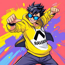 A dynamic and expressive illustration of a character named Ravian Pan, showcasing an eye-catching logo on their clothing