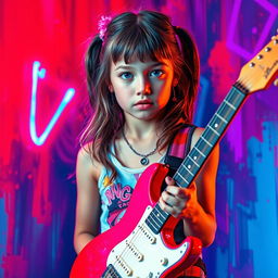 A bright and attention-grabbing image featuring a central girl holding a guitar, surrounded by neon colors with an emphasis on red, blue, and purple