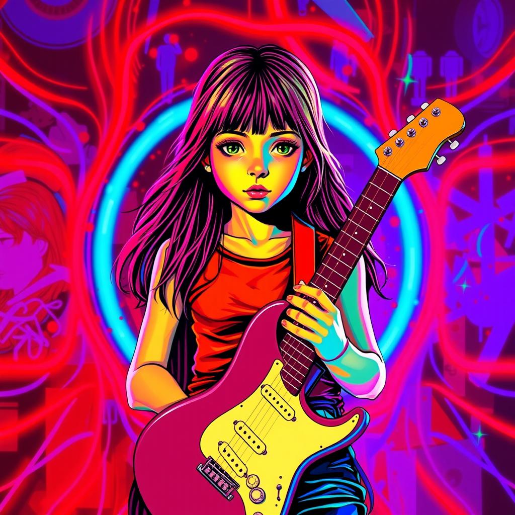 A bright and attention-grabbing image featuring a central girl holding a guitar, surrounded by neon colors with an emphasis on red, blue, and purple