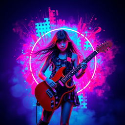 A bright and attention-grabbing image featuring a central girl holding a guitar, surrounded by neon colors with an emphasis on red, blue, and purple