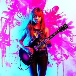 A bright and attention-grabbing image featuring a central girl holding a guitar, surrounded by neon colors with an emphasis on red, blue, and purple