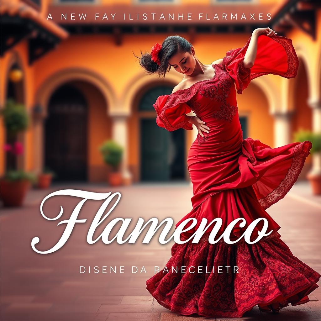 A vibrant and dynamic cover for a flamenco music album, featuring an elegant and passionate dancer in a traditional red flamenco dress with intricate embroidery