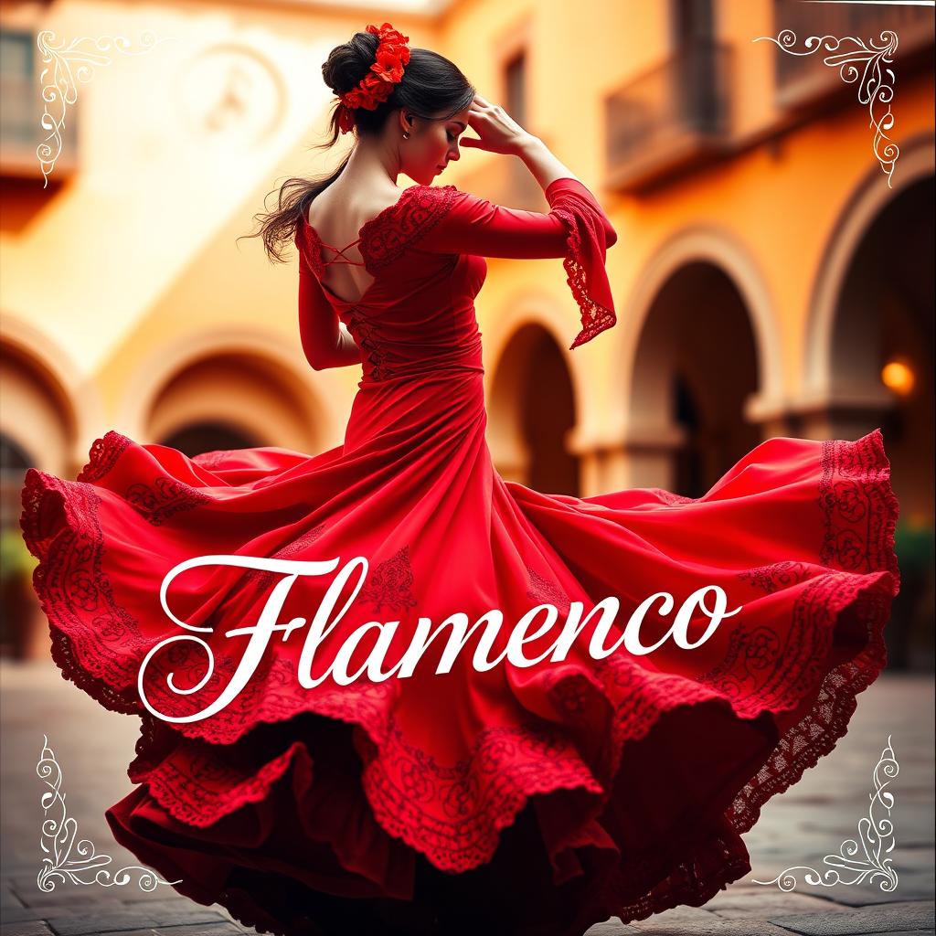 A vibrant and dynamic cover for a flamenco music album, featuring an elegant and passionate dancer in a traditional red flamenco dress with intricate embroidery