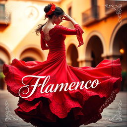 A vibrant and dynamic cover for a flamenco music album, featuring an elegant and passionate dancer in a traditional red flamenco dress with intricate embroidery