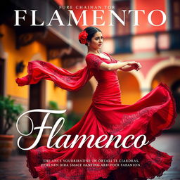 A vibrant and dynamic cover for a flamenco music album, featuring an elegant and passionate dancer in a traditional red flamenco dress with intricate embroidery