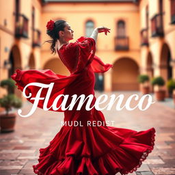 A vibrant and dynamic cover for a flamenco music album, featuring an elegant and passionate dancer in a traditional red flamenco dress with intricate embroidery