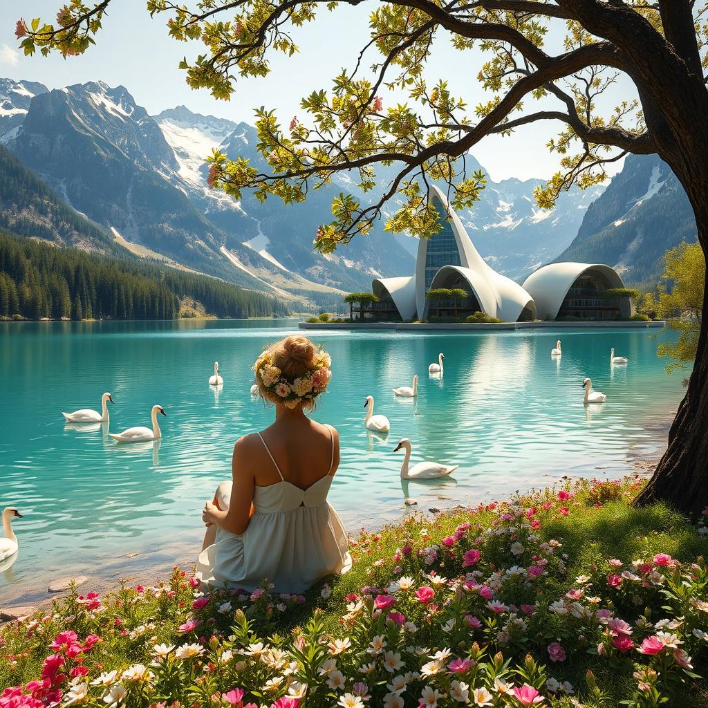 A super realistic photograph of a woman sitting sideways on a flower-covered shore of a lake, wearing a dress and a beautiful wildflower wreath on her head