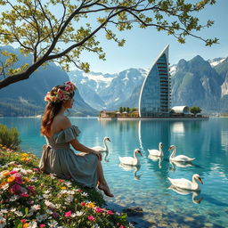 A super realistic photograph of a woman sitting sideways on a flower-covered shore of a lake, wearing a dress and a beautiful wildflower wreath on her head