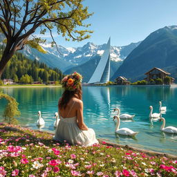 A super realistic photograph of a woman sitting sideways on a flower-covered shore of a lake, wearing a dress and a beautiful wildflower wreath on her head