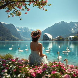 A super realistic photograph of a woman sitting sideways on a flower-covered shore of a lake, wearing a dress and a beautiful wildflower wreath on her head