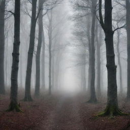 Design a stylized and provocative book cover for a novel. It should feature a misty forest under a starlit sky with a path leading through the trees. Include an ancient-looking title script in the forefront.