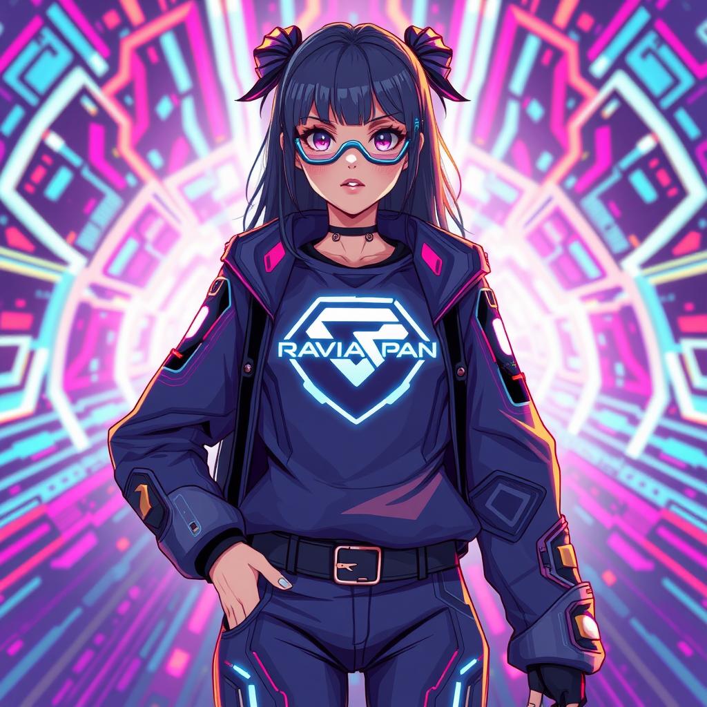 A futuristic and techno style illustration of a girl showcasing a clothing logo named "Ravia Pan"