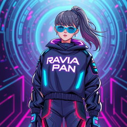 A futuristic and techno style illustration of a girl showcasing a clothing logo named "Ravia Pan"