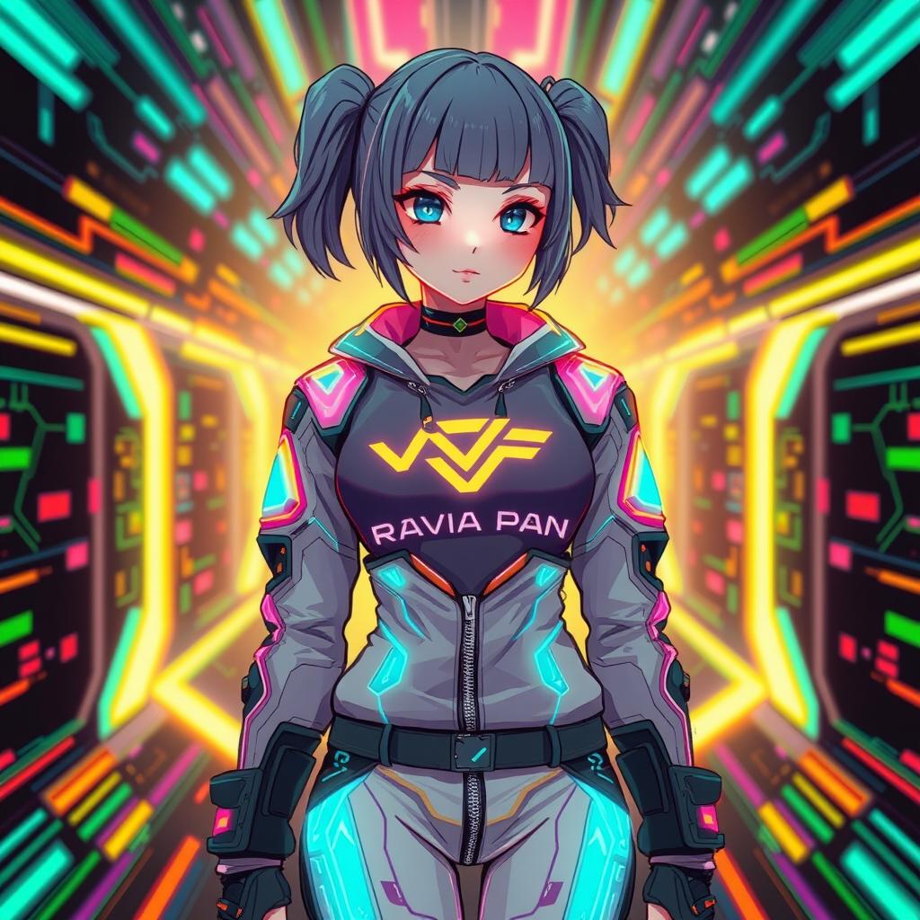 A futuristic and techno style illustration of a girl showcasing a clothing logo named "Ravia Pan"