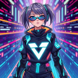 A futuristic and techno style illustration of a girl showcasing a clothing logo named "Ravia Pan"