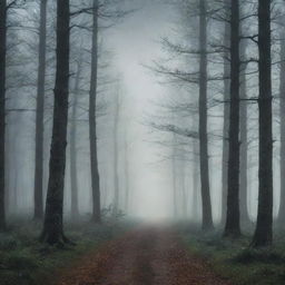 Design a stylized and provocative book cover for a novel. It should feature a misty forest under a starlit sky with a path leading through the trees. Include an ancient-looking title script in the forefront.