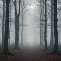 Design a stylized and provocative book cover for a novel. It should feature a misty forest under a starlit sky with a path leading through the trees. Include an ancient-looking title script in the forefront.