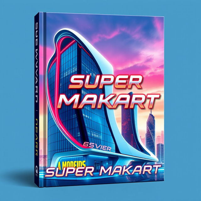 A futuristic and striking book cover design featuring the imagined Super Makart building