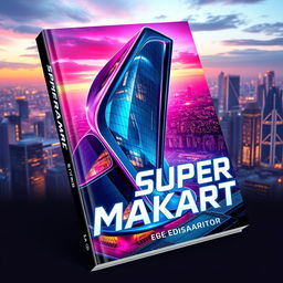 A futuristic and striking book cover design featuring the imagined Super Makart building