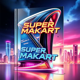 A futuristic and striking book cover design featuring the imagined Super Makart building