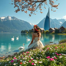 A super realistic photograph of a woman sitting sideways on the flower-covered shore of a lake, wearing a dress and adorned with a beautiful wildflower wreath