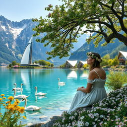 A super realistic photograph of a woman sitting sideways on the flower-covered shore of a lake, wearing a dress and adorned with a beautiful wildflower wreath