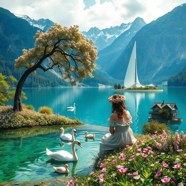 A super realistic photograph of a woman sitting sideways on the flower-covered shore of a lake, wearing a dress and adorned with a beautiful wildflower wreath