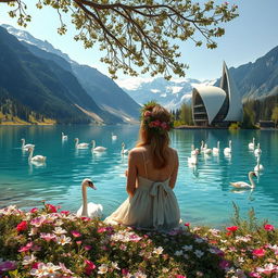 A super realistic photograph of a woman sitting sideways on the flower-covered shore of a lake, wearing a dress and adorned with a beautiful wildflower wreath