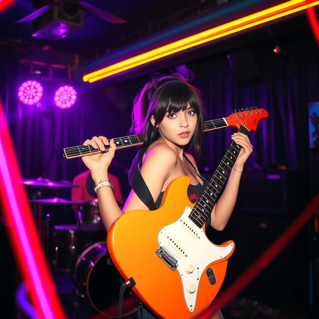 Atmosphere of a rock club with a girl in an eccentric pose holding a guitar on her shoulder at the center