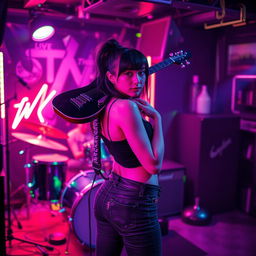 Atmosphere of a rock club with a girl in an eccentric pose holding a guitar on her shoulder at the center