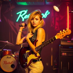 Atmosphere of a rock club with a girl in an eccentric pose holding a guitar on her shoulder at the center