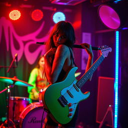 Atmosphere of a rock club with a girl in an eccentric pose holding a guitar on her shoulder at the center