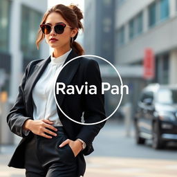 A stylish girl showcases a circular clothing logo named "Ravia Pan"