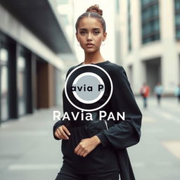 A stylish girl showcases a circular clothing logo named "Ravia Pan"