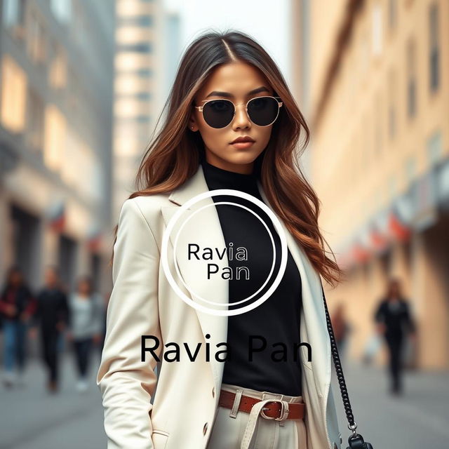 A stylish girl showcases a circular clothing logo named "Ravia Pan"