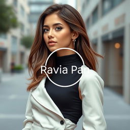 A stylish girl showcases a circular clothing logo named "Ravia Pan"