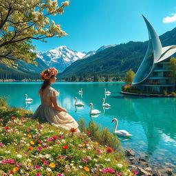 A super realistic photograph with a composition placing a woman in the left part of the image, sitting sideways on a flower-covered lakeshore, adorned in a beautiful dress and wearing a wildflower wreath