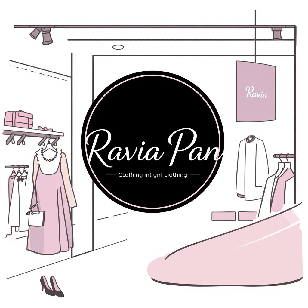 A trendy and stylish illustration of the clothing logo for "Ravia Pan", a brand specializing in girl clothing