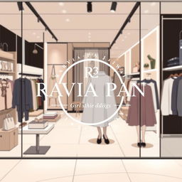 A trendy and stylish illustration of the clothing logo for "Ravia Pan", a brand specializing in girl clothing