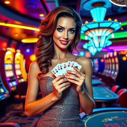 A glamorous and stylish casino girl with an air of confidence and charm, wearing a glittering cocktail dress under the dazzling casino lights