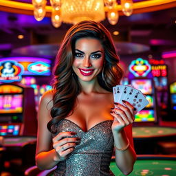 A glamorous and stylish casino girl with an air of confidence and charm, wearing a glittering cocktail dress under the dazzling casino lights