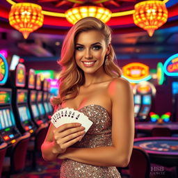 A glamorous and stylish casino girl with an air of confidence and charm, wearing a glittering cocktail dress under the dazzling casino lights