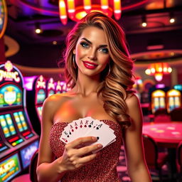 A glamorous and stylish casino girl with an air of confidence and charm, wearing a glittering cocktail dress under the dazzling casino lights