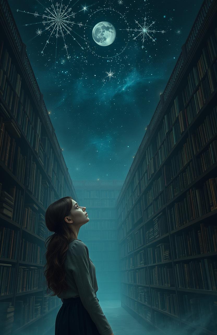 a mystical library at night filled with endless bookshelves under a starry sky, featuring Nora Seed standing in awe, a young woman with brunette hair and a thoughtful expression, the ambiance is otherworldly and ethereal, with a gentle glow emanating from the books, capturing the sense of being between life and death, surreal and enchanting atmosphere, inspired by the themes of choice and possibility in "The Midnight Library" by Matt Haig