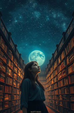 a mystical library at night filled with endless bookshelves under a starry sky, featuring Nora Seed standing in awe, a young woman with brunette hair and a thoughtful expression, the ambiance is otherworldly and ethereal, with a gentle glow emanating from the books, capturing the sense of being between life and death, surreal and enchanting atmosphere, inspired by the themes of choice and possibility in "The Midnight Library" by Matt Haig