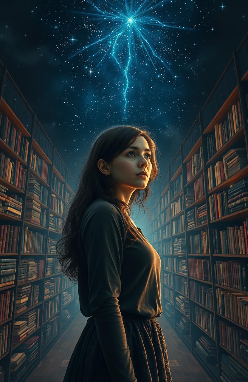 a mystical library at night filled with endless bookshelves under a starry sky, featuring Nora Seed standing in awe, a young woman with brunette hair and a thoughtful expression, the ambiance is otherworldly and ethereal, with a gentle glow emanating from the books, capturing the sense of being between life and death, surreal and enchanting atmosphere, inspired by the themes of choice and possibility in "The Midnight Library" by Matt Haig