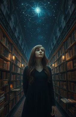 a mystical library at night filled with endless bookshelves under a starry sky, featuring Nora Seed standing in awe, a young woman with brunette hair and a thoughtful expression, the ambiance is otherworldly and ethereal, with a gentle glow emanating from the books, capturing the sense of being between life and death, surreal and enchanting atmosphere, inspired by the themes of choice and possibility in "The Midnight Library" by Matt Haig