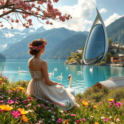 A super realistic photograph showcasing a woman sitting sideways in a dress on a flower-covered shore of a lake, located in the left side of the image